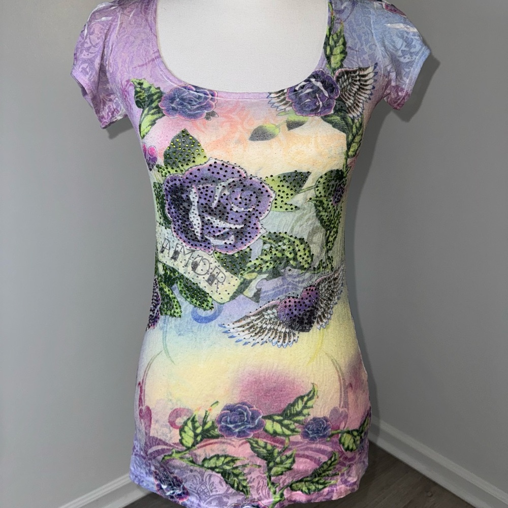 Ocean Blue Amor Rhinestone Tattoo Graphic Tee Lace‎ Back Pastel Roses Y2K Sz S